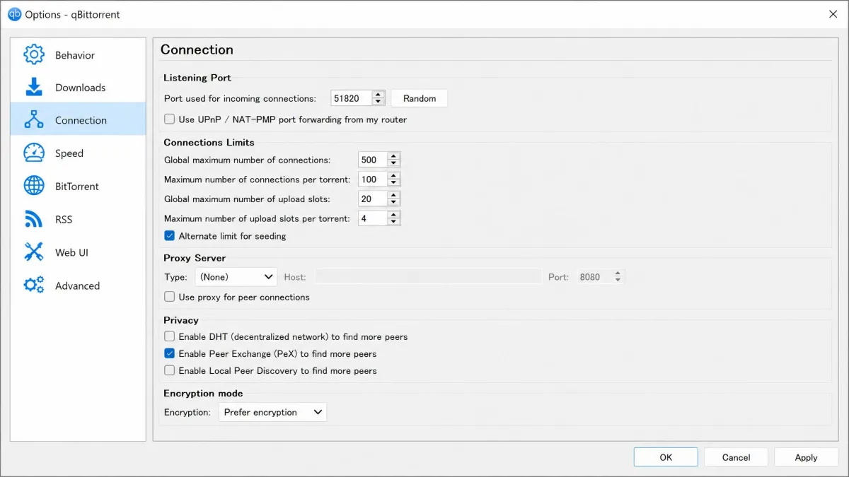 qBittorrent Connection options with the UPnP / NAT-PMP box cleared and a Proton VPN forwarded port in the incoming connections field.