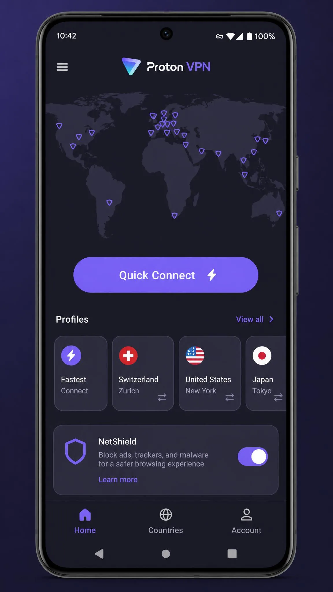 The Proton VPN Android app on a phone showing the quick connect button, the profiles row and the NetShield toggle in the lower panel.