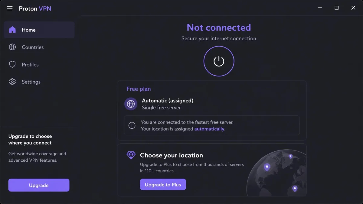 The Proton VPN free plan connection screen showing the single free server option with the country assigned automatically and the upgrade prompt for choosing a location.