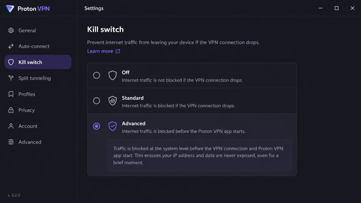 The Proton VPN desktop settings panel open on the kill switch section, showing the off, standard and advanced options with the advanced description explaining that traffic is blocked before the app starts.
