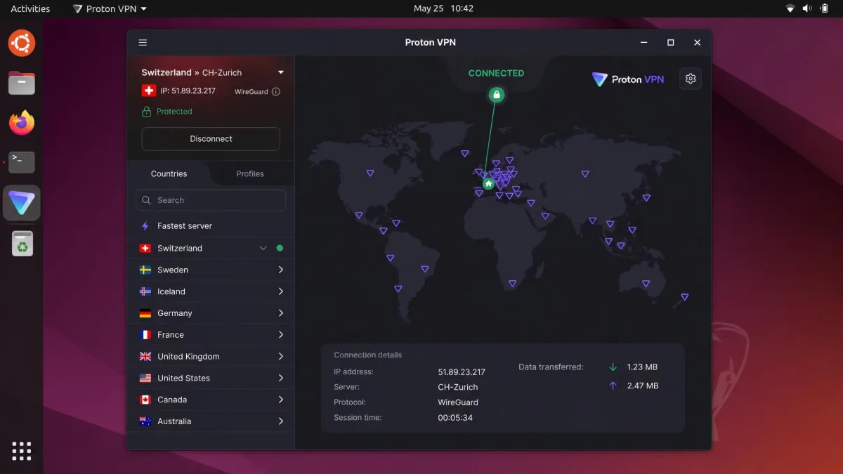 Proton VPN Linux app running on Ubuntu, showing the graphical interface with a connected Switzerland server, the sidebar of countries, and the settings gear in the corner.
