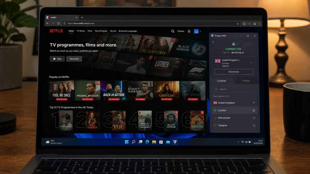 A laptop showing a Netflix UK catalogue page loading successfully while the Proton VPN app sits in a smaller window beside it, connected to a London server.