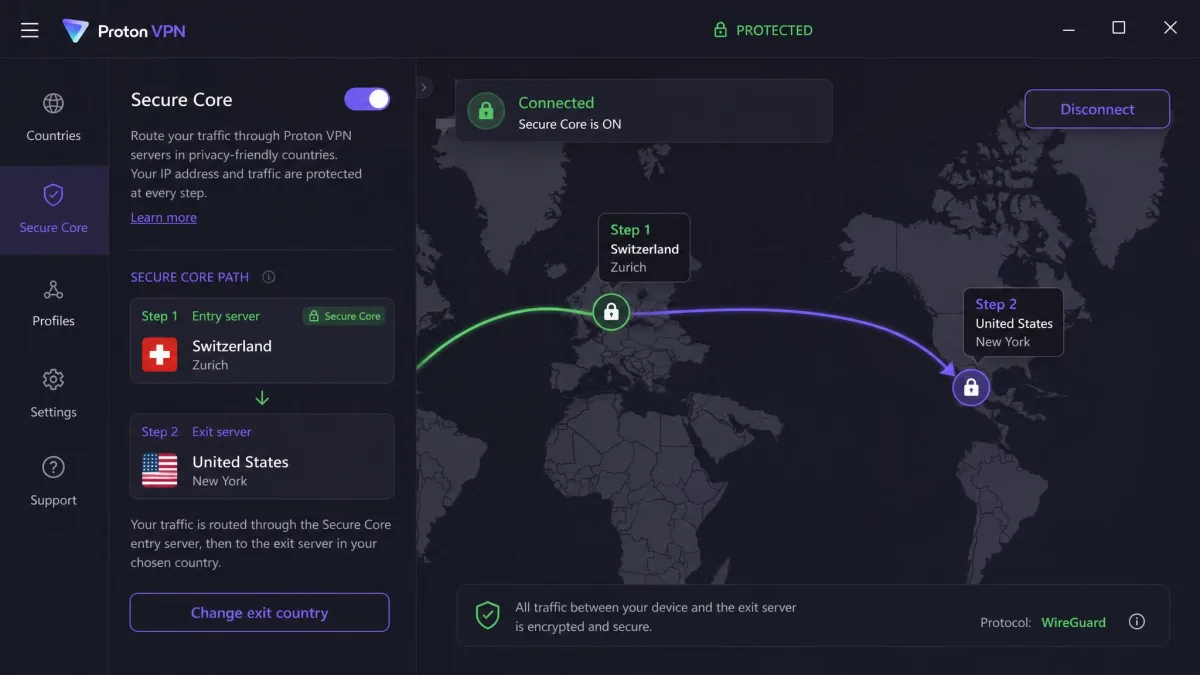 The Proton VPN Secure Core screen showing traffic routed first through a Swiss entry server and then on to a chosen exit country, with the two-hop path drawn on the map.