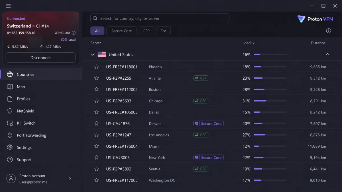 The Proton VPN app server list expanded on the United States, showing individual city entries with load percentage bars and P2P and Secure Core icons beside qualifying servers.