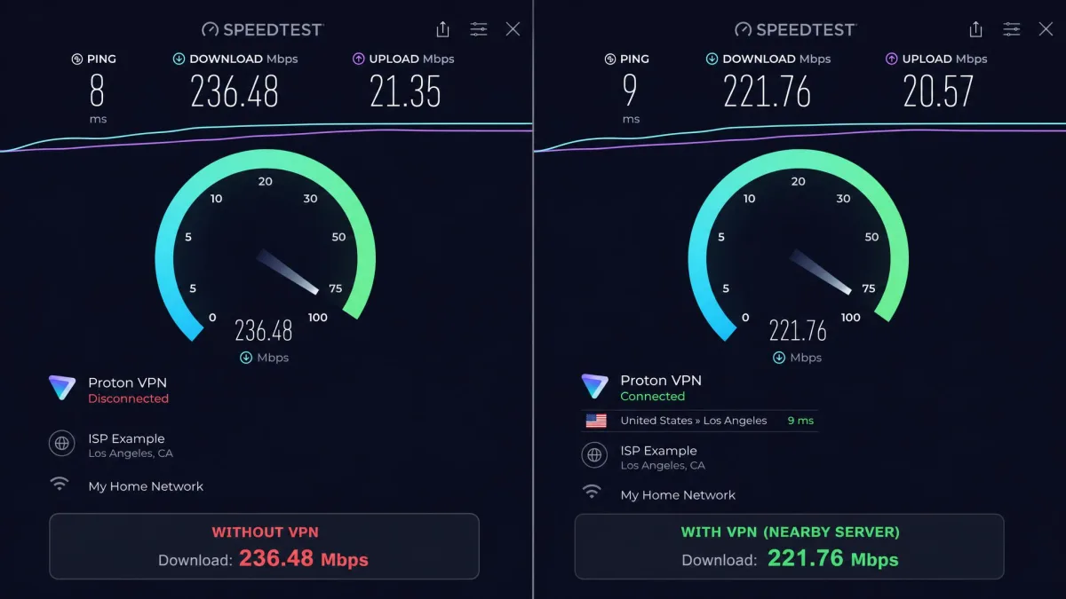 A split screen showing a speed test running with Proton VPN disconnected on the left and connected to a nearby server on the right, with both download figures visible for comparison.