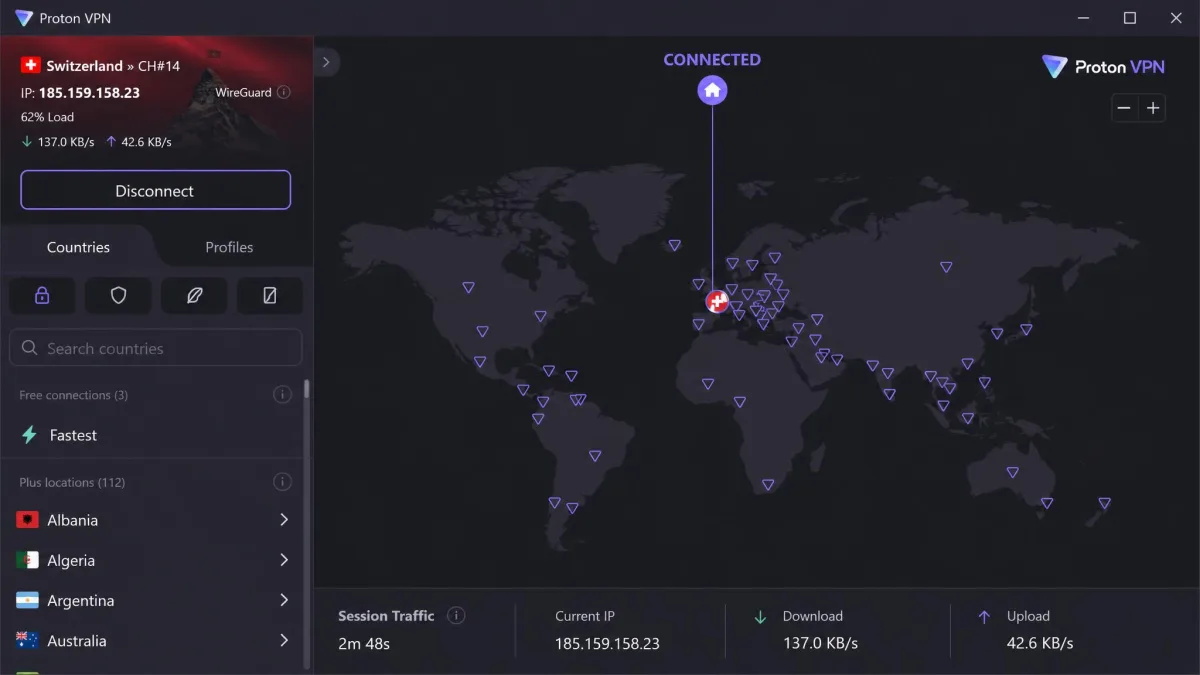 The Proton VPN Windows app connected to a Swiss server, showing the world map view with the connection status bar, current IP address and download and upload speed counters along the bottom.