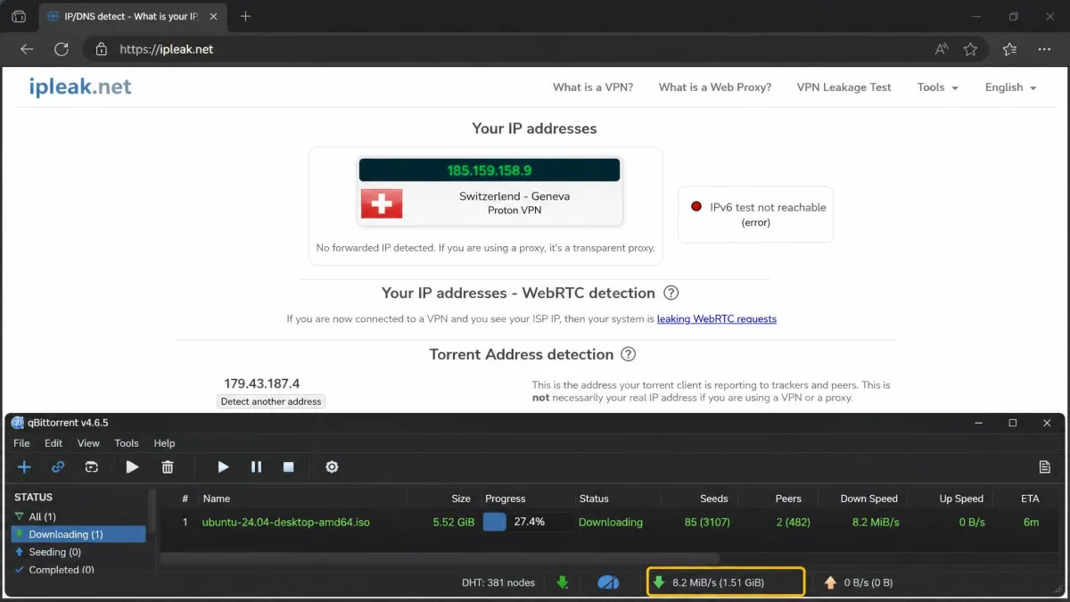 ipleak.net torrent address detection showing a Proton VPN server IP reported by qBittorrent.