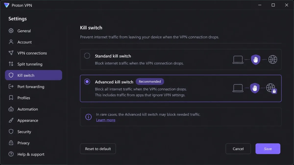 Proton VPN Windows settings with the Advanced kill switch option selected.