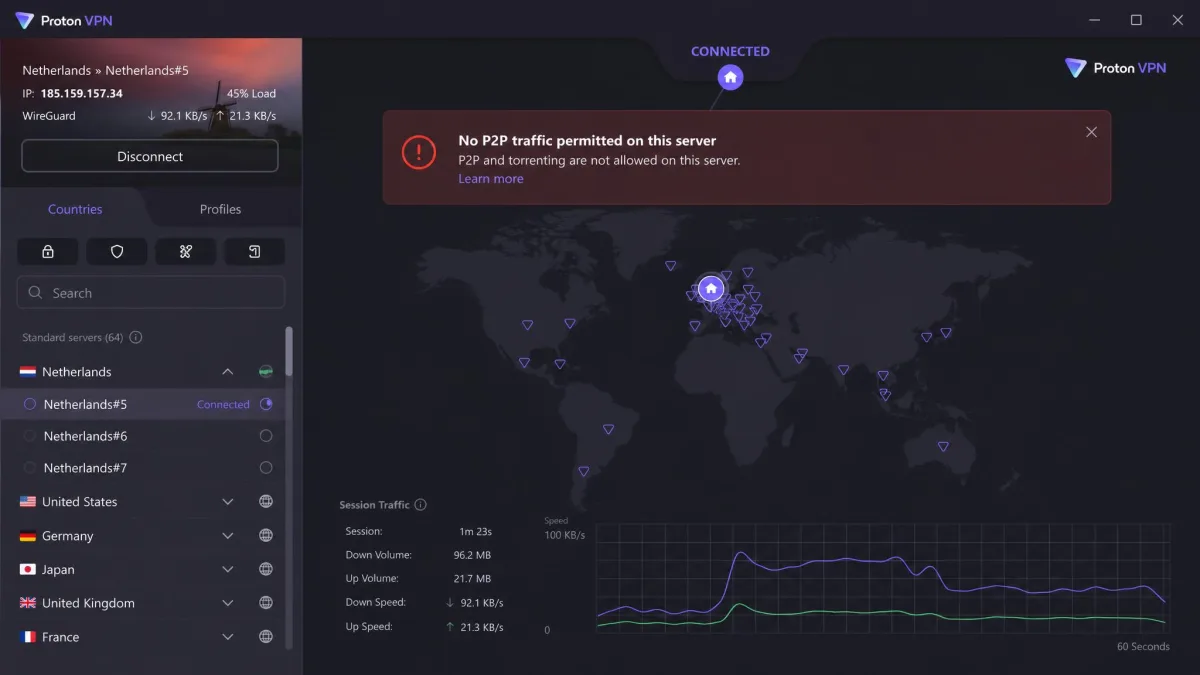 Proton VPN desktop app showing a "No P2P traffic permitted on this server" alert on a standard server.