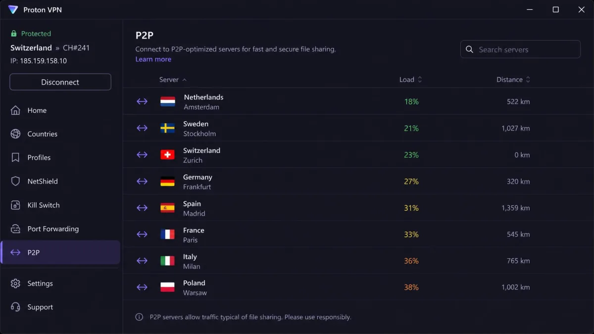 Proton VPN Windows app with the P2P tab open, listing servers marked with the double-arrow icon and their load percentages.