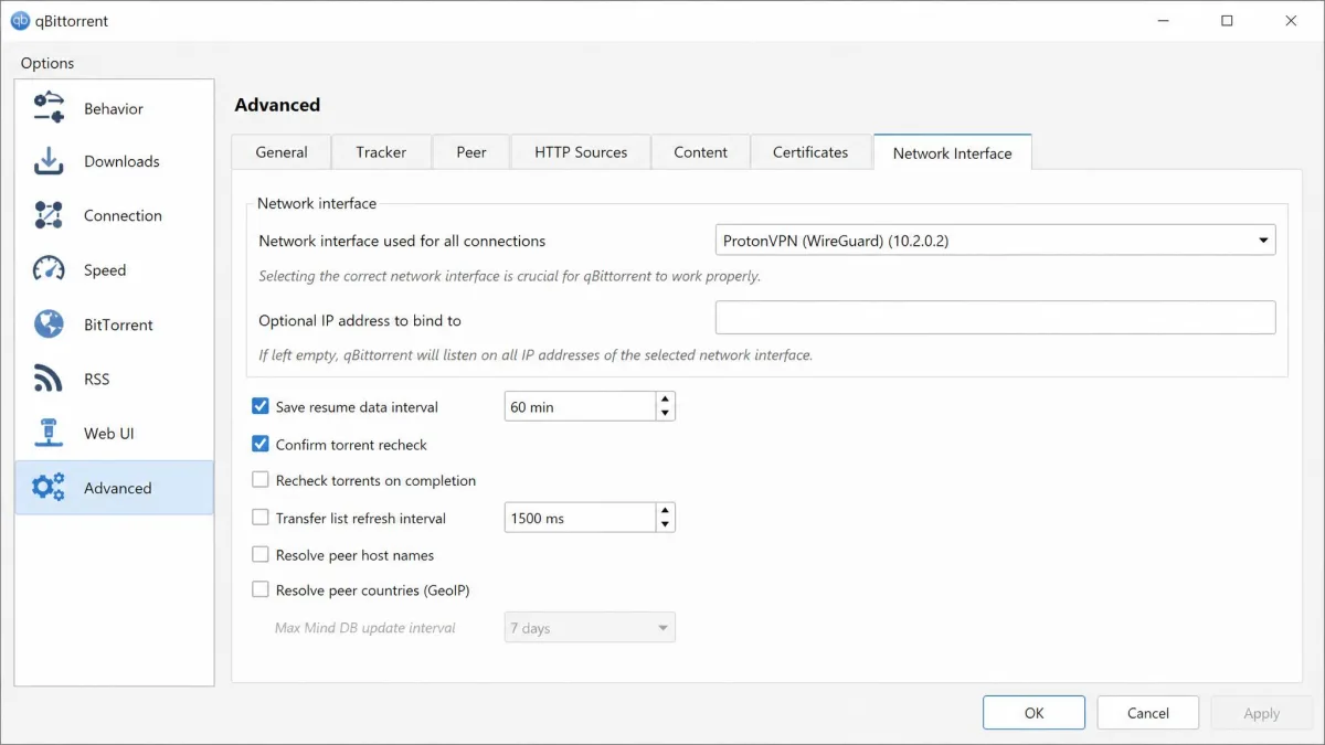 qBittorrent Advanced options with the Network interface dropdown set to the ProtonVPN adapter.