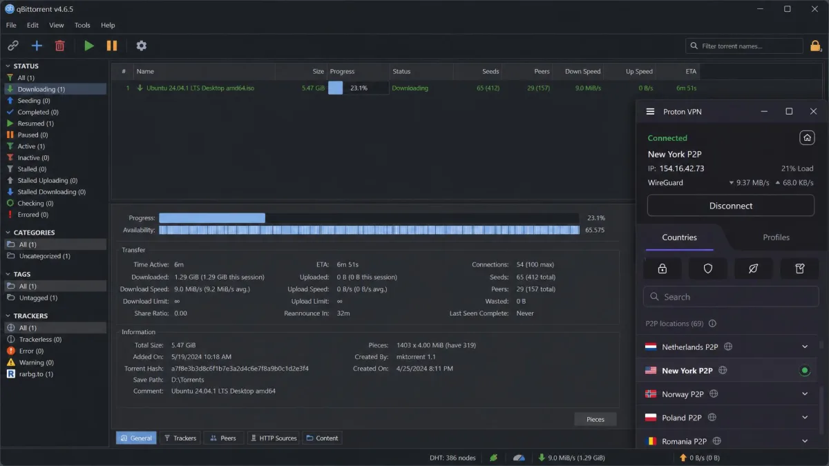 qBittorrent downloading a large torrent at about 9 MiB/s while Proton VPN is connected to a New York P2P server.