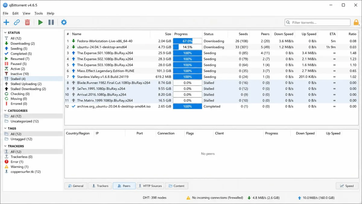 qBittorrent transfer list with several torrents marked Stalled and a no-incoming-connections warning icon.