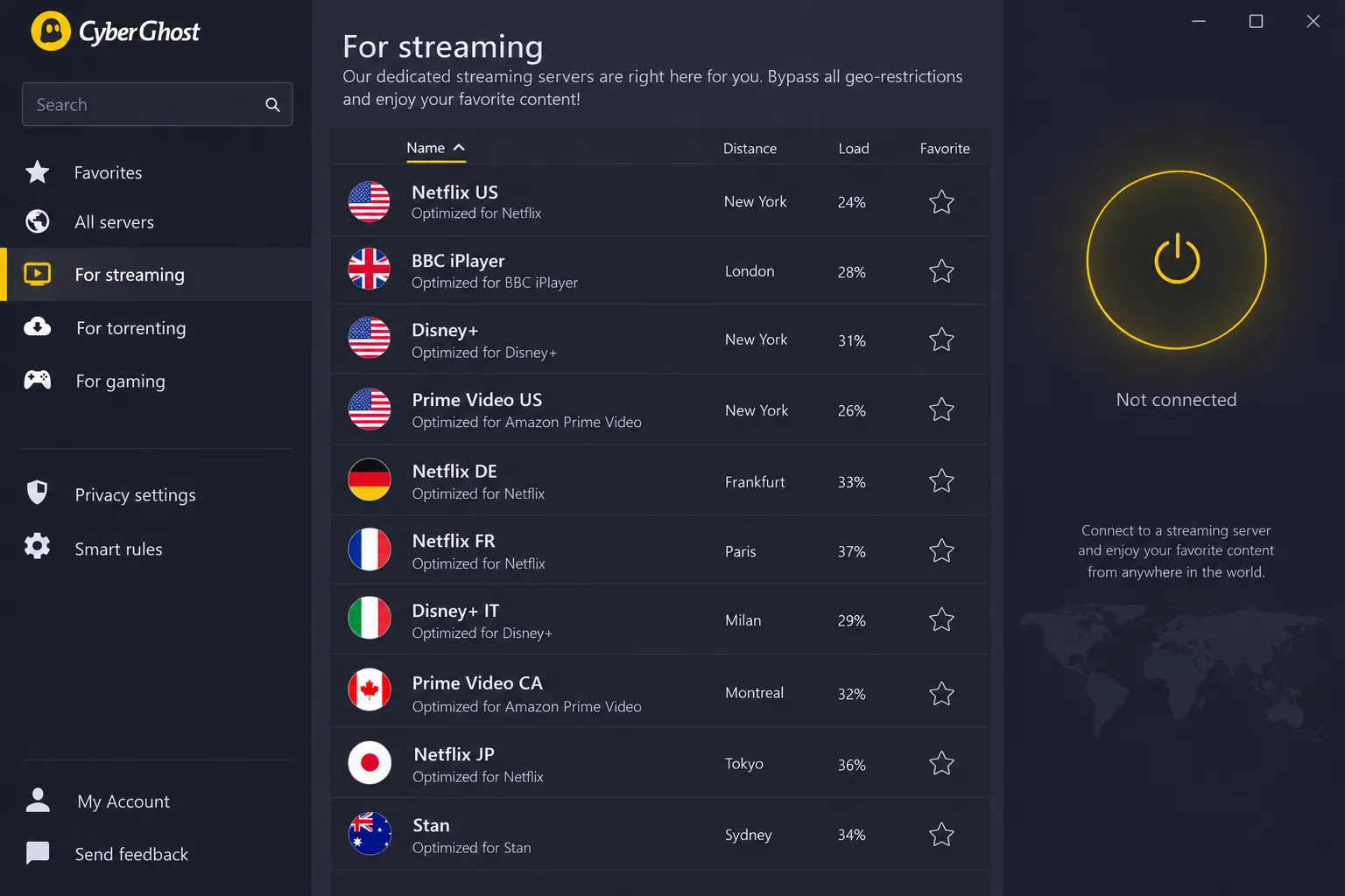 The CyberGhost Windows app showing the "For streaming" server list, with labelled servers for Netflix US, BBC iPlayer, Disney+ and Prime Video.