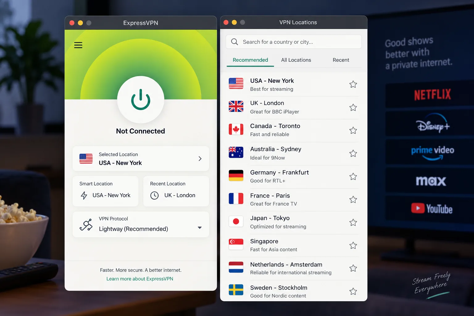 The ExpressVPN app with the location picker open, showing recommended server locations and the Lightway protocol selected before a streaming session.