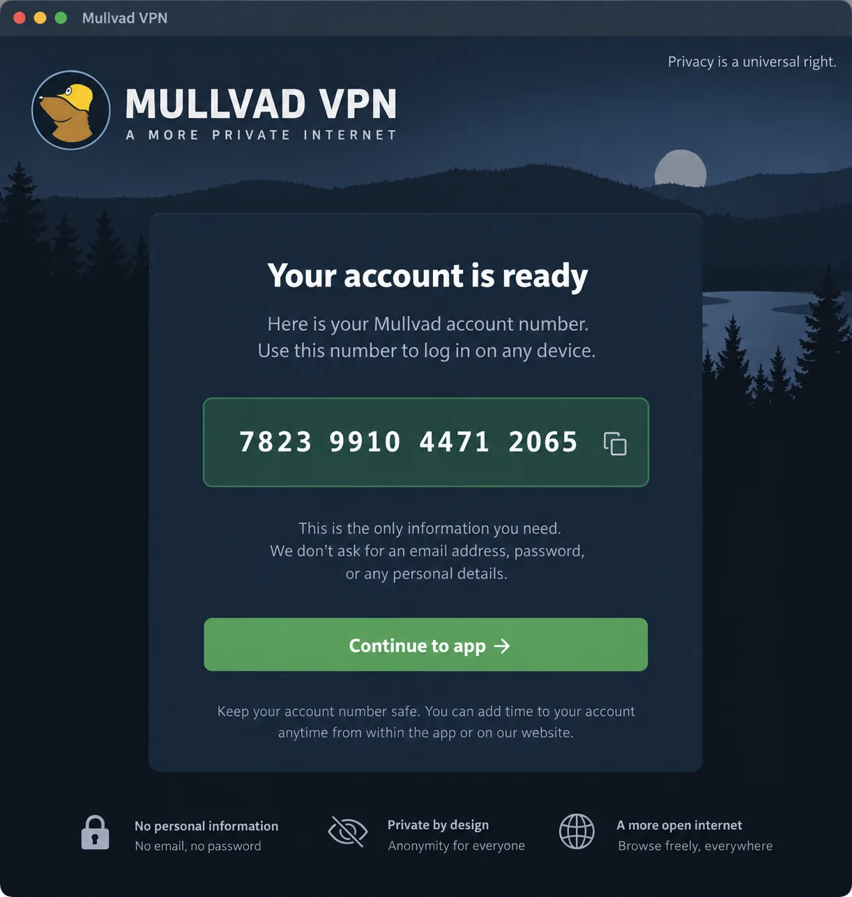 The Mullvad VPN sign-up screen showing a freshly generated 16-digit account number in place of an email and password field.