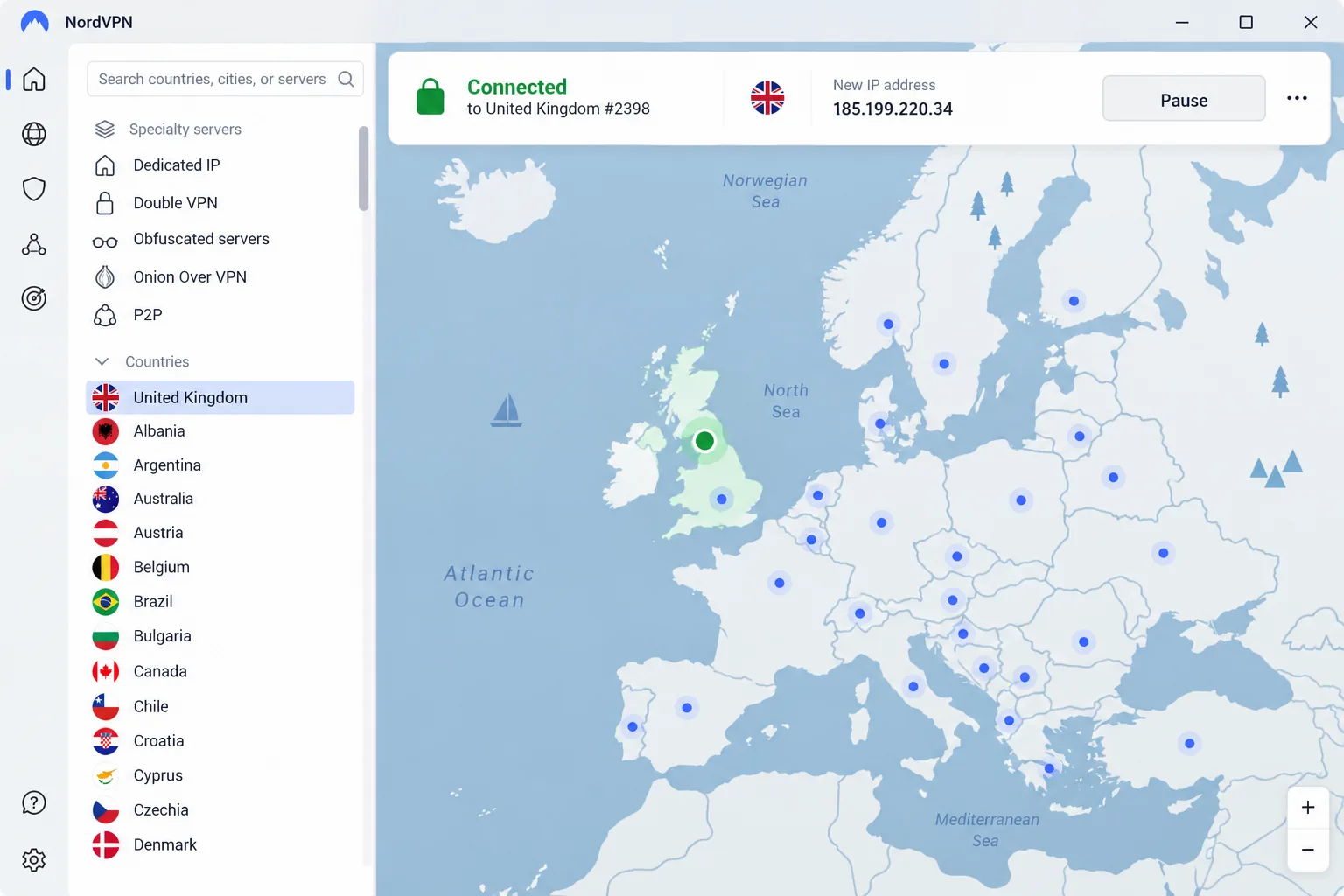 The NordVPN Windows app connected to a nearby server, with the list view open on the left and the connection status and IP address shown at the top.