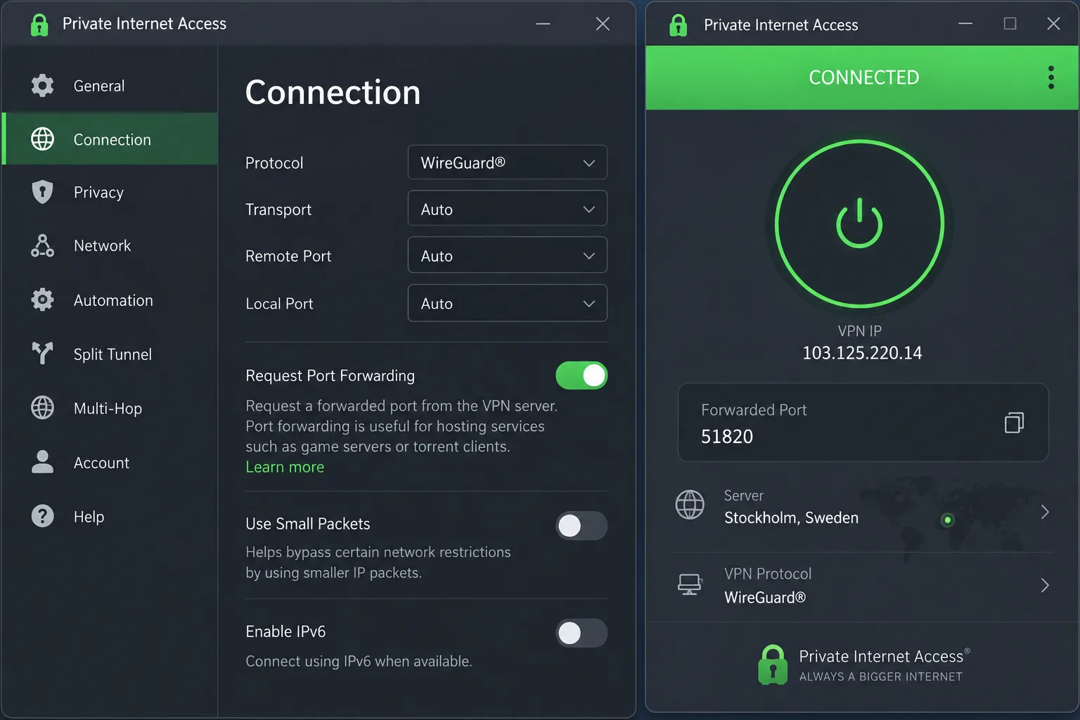 The Private Internet Access desktop app settings panel with the Request Port Forwarding toggle switched on and the forwarded port number shown on the main connection screen.