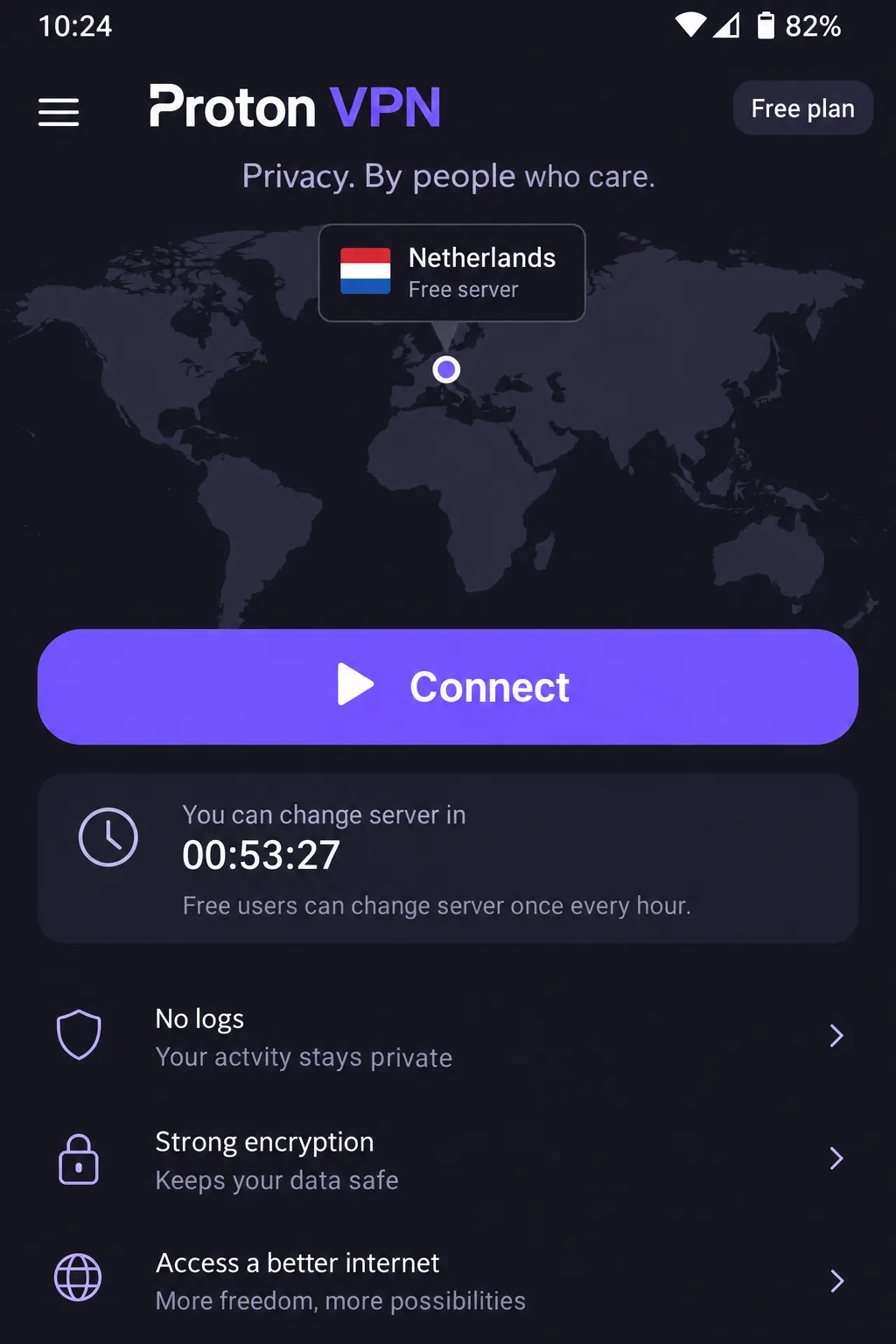 The Proton VPN free app showing the Connect button, the randomly assigned free server country, and the countdown before a free user can change server.