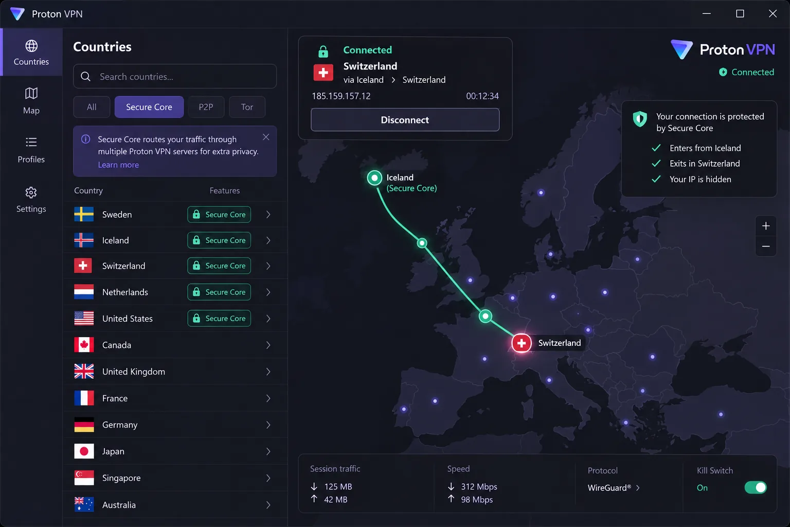 The Proton VPN desktop app on a paid plan, showing the country list with Secure Core multi-hop servers highlighted and an active connection to Switzerland.