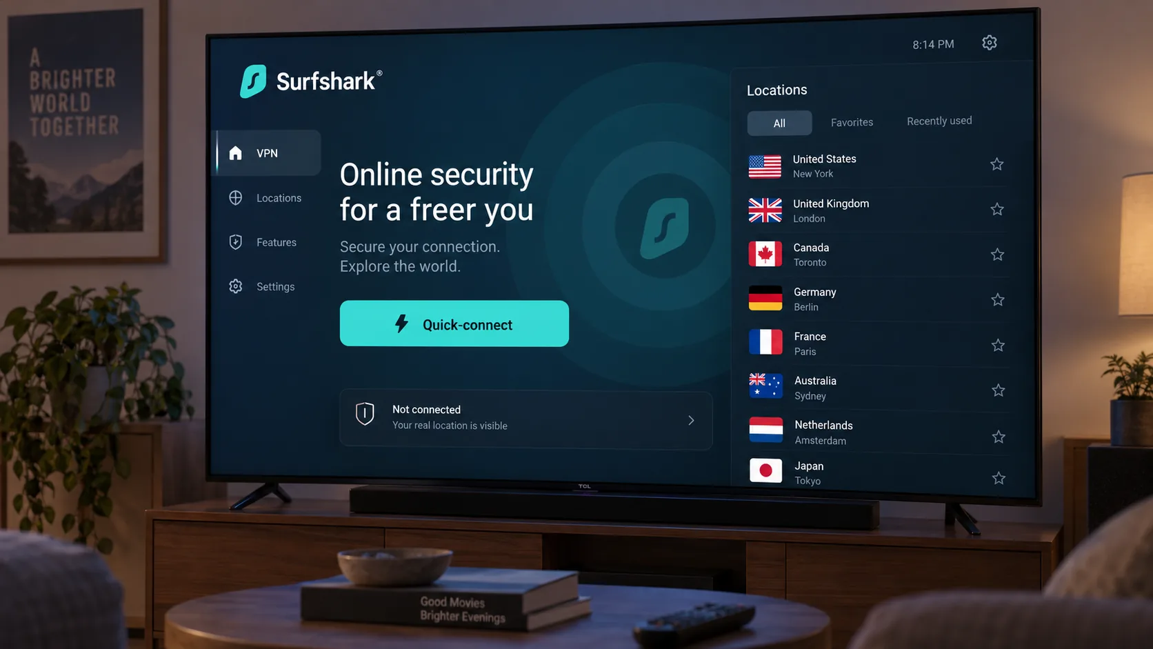 The Surfshark app on an Android TV home screen, showing the quick-connect button and a list of server locations on a living room television.
