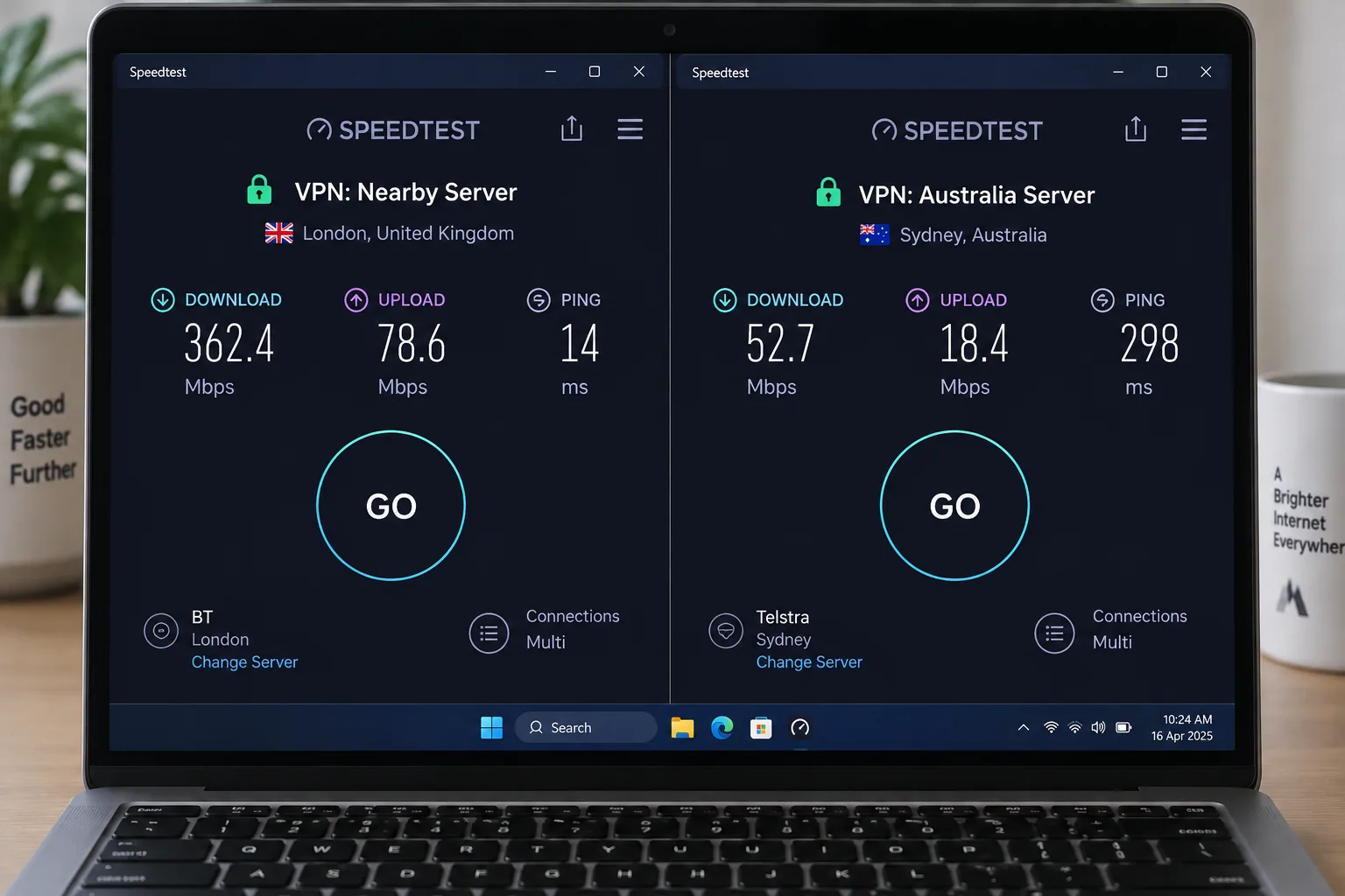 Two speed test results side by side on Windows, one with a VPN on a nearby server and one on an Australia server, comparing download speed, upload speed and ping.