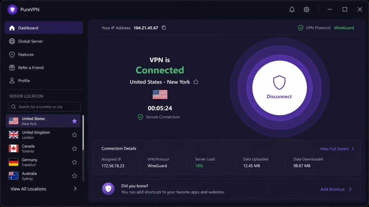 PureVPN's desktop app dashboard showing a connected session to a US server, with the large connect button, server list on the left, and current IP address displayed at the top.