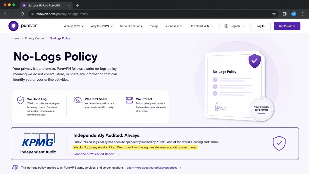 PureVPN's privacy page open in a browser showing the no-logs policy summary and a reference to the KPMG independent audit, with the always-on audit language highlighted.