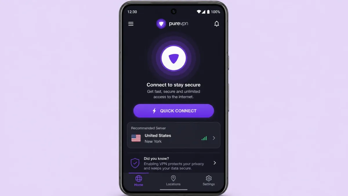 PureVPN's Android app on a phone showing the quick-connect screen with a prominent connect button, recommended server, and a bottom navigation bar for locations and settings.