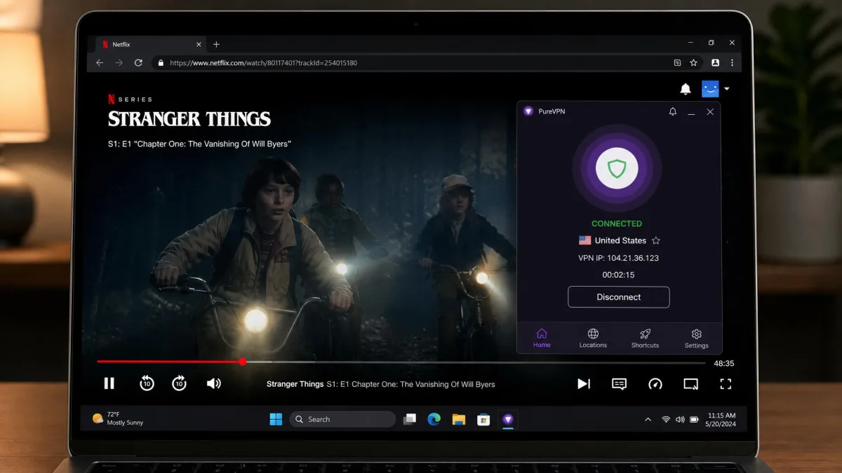 A laptop screen showing Netflix playing successfully while connected to a PureVPN US server, with the PureVPN app visible in a corner confirming the active connection.