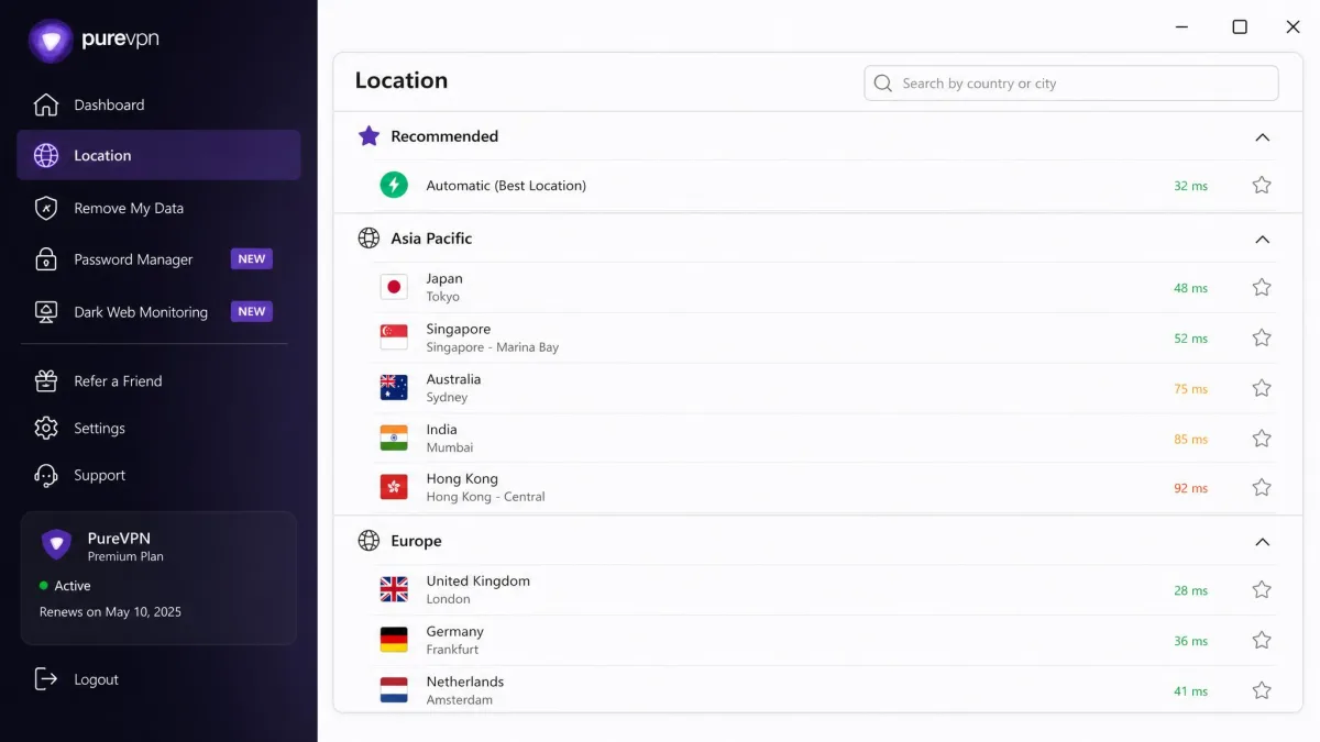 PureVPN's server location list open in the desktop app, with a search box, countries grouped by region, and small latency indicators next to several server entries.