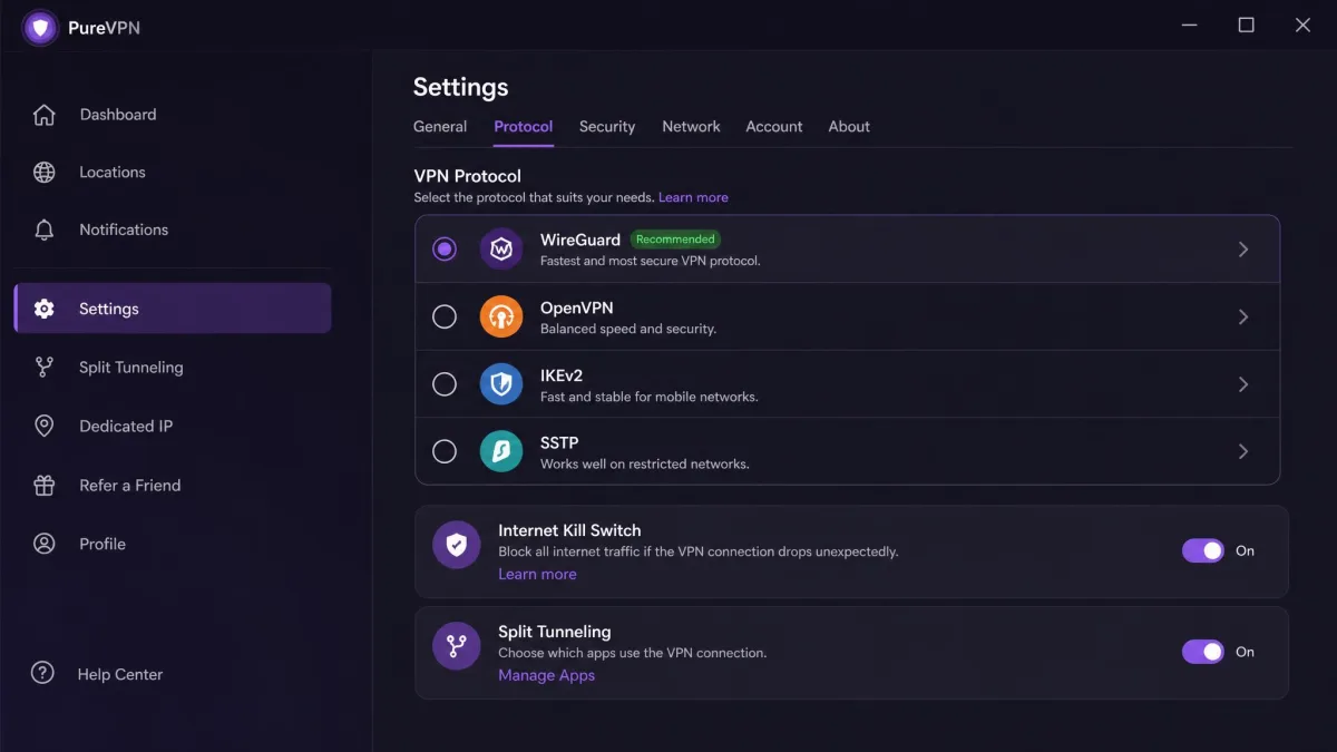 PureVPN's settings screen showing the protocol selection menu with WireGuard, OpenVPN, IKEv2, and SSTP options, plus toggles for the kill switch and split tunneling.