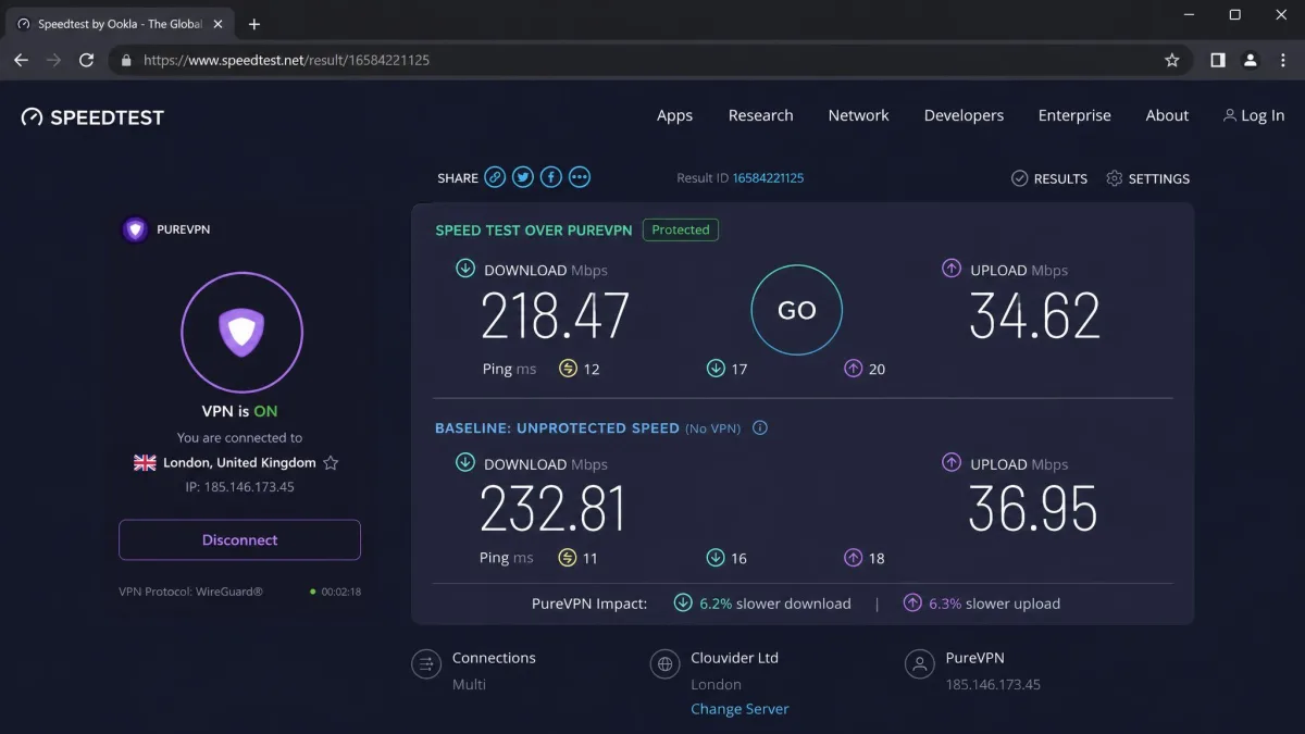 A browser speed-test result page run over a PureVPN connection to a nearby server, showing download and upload figures alongside the baseline unprotected speed for comparison.