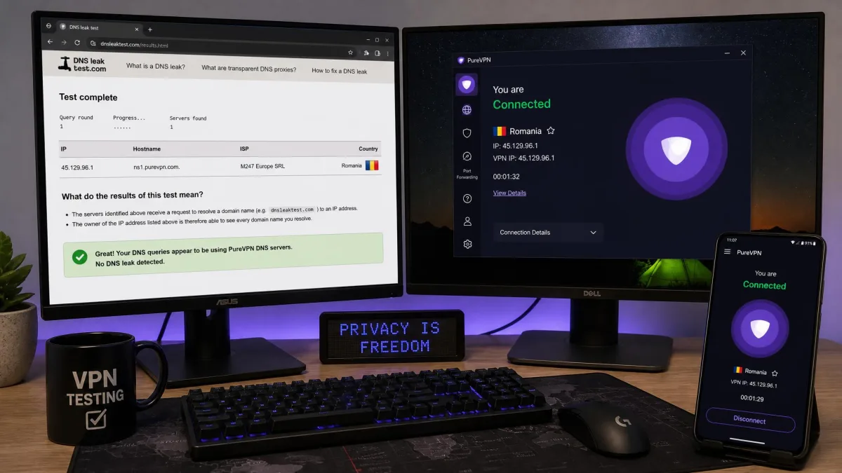 A testing desk setup showing a DNS leak test result on one monitor and the PureVPN app connected on another, with a phone running the Android client alongside.