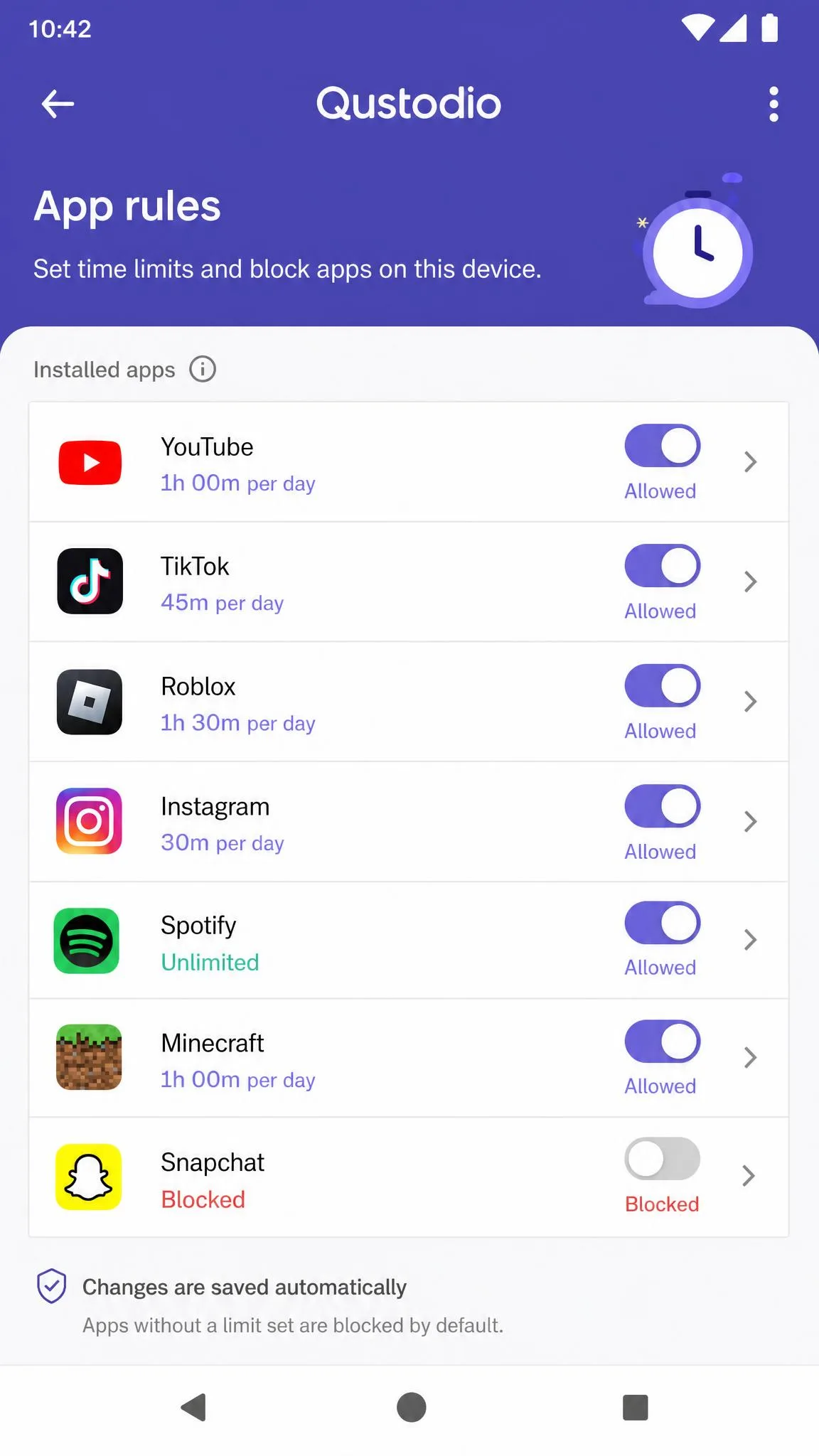 Qustodio's app rules screen on an Android child device listing installed apps with per-app time allowances and block toggles beside each one.