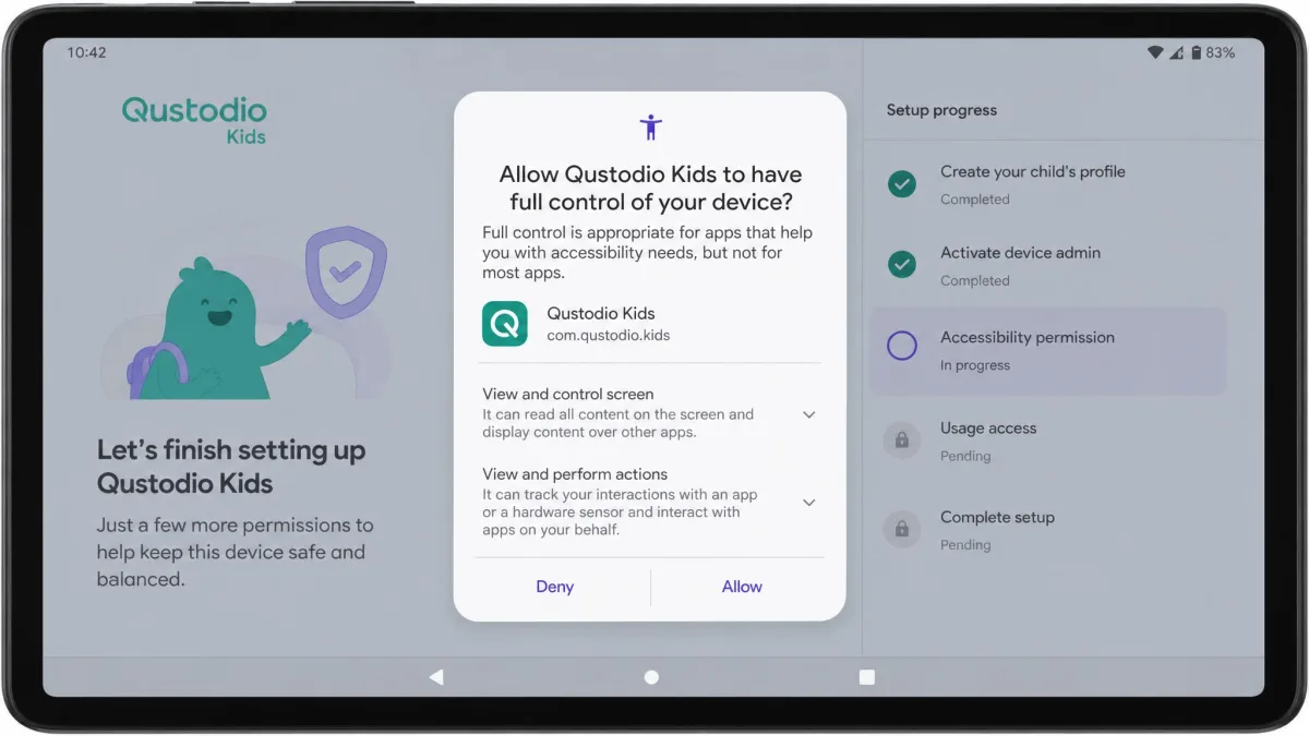 An Android child device mid-setup for Qustodio, showing the accessibility permission prompt with the Qustodio Kids app listed and a progress indicator for the remaining setup steps.