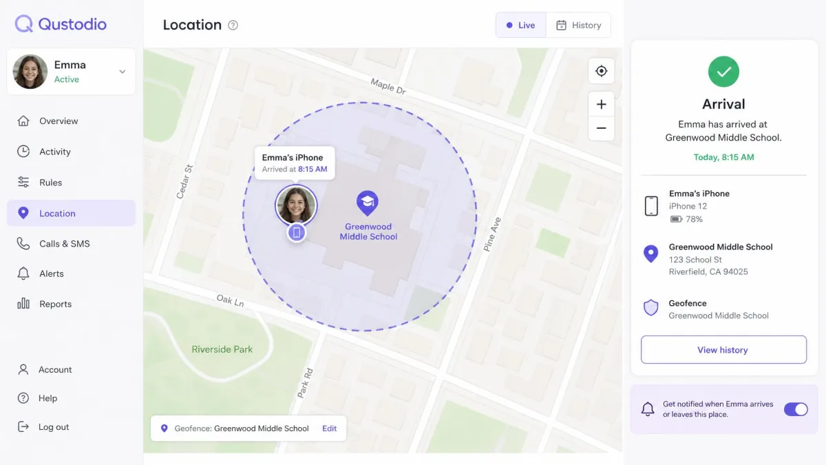 Qustodio's location map showing a child device pinned near a school with a circular geofence zone drawn around the building and an arrival alert in the sidebar.
