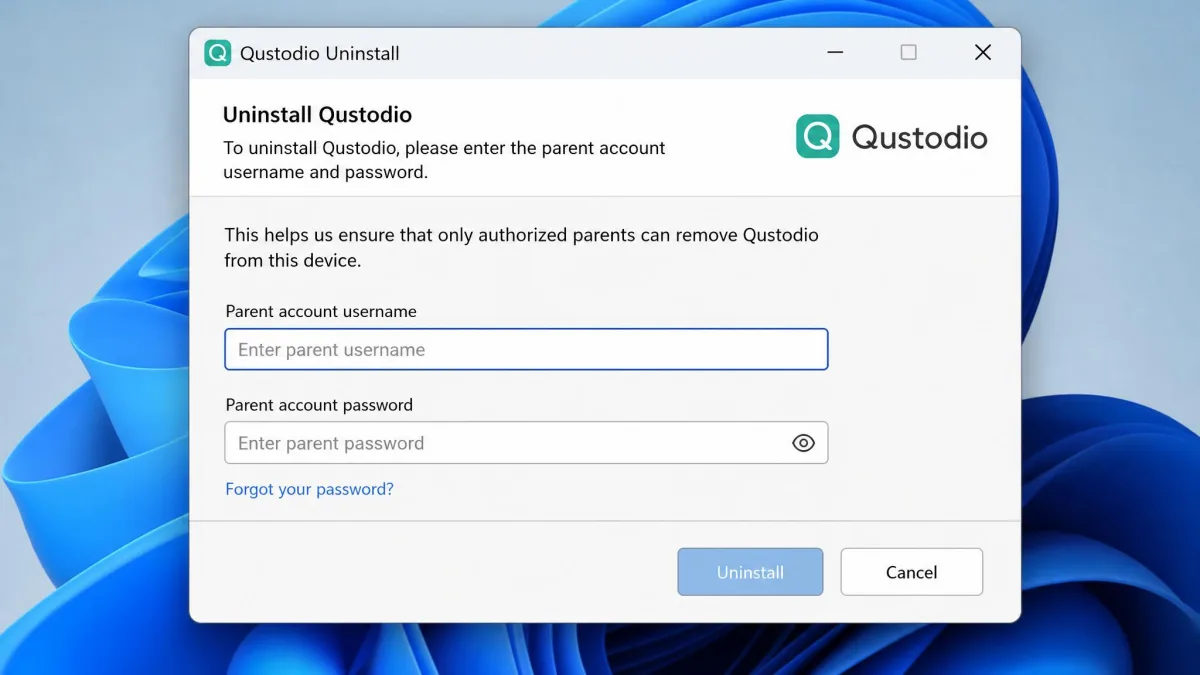 A Windows uninstall dialog for Qustodio asking for the parent account username and password before the software can be removed.