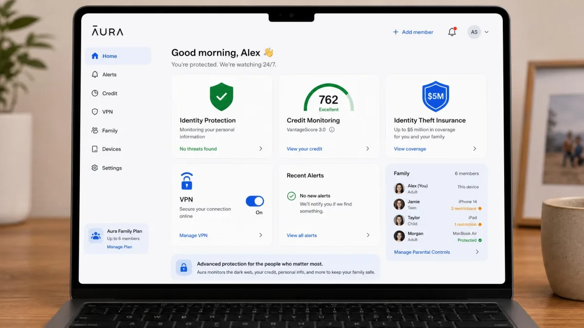 Aura Family plan dashboard on a laptop showing identity theft protection, credit monitoring status, VPN toggle, and the $5M insurance badge alongside the parental controls panel.