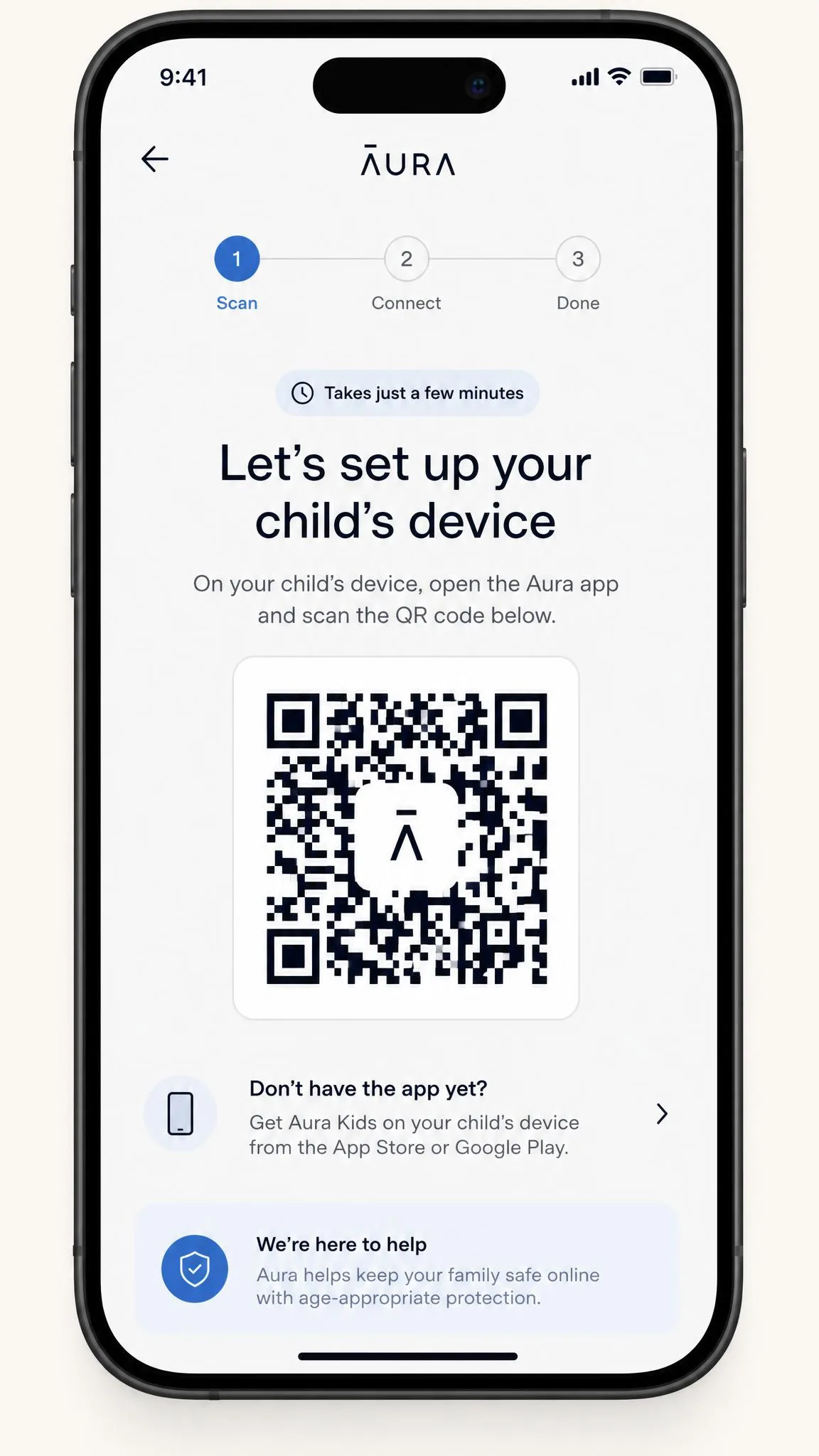 Aura setup screen on a parent's phone displaying a QR code to scan on the child's device, with a step indicator showing the few-minute onboarding flow.
