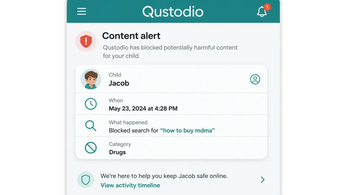 Qustodio parent app showing a content alert notification flagging a blocked search for a drug-related term, with the child's name, timestamp, and the triggering keyword.