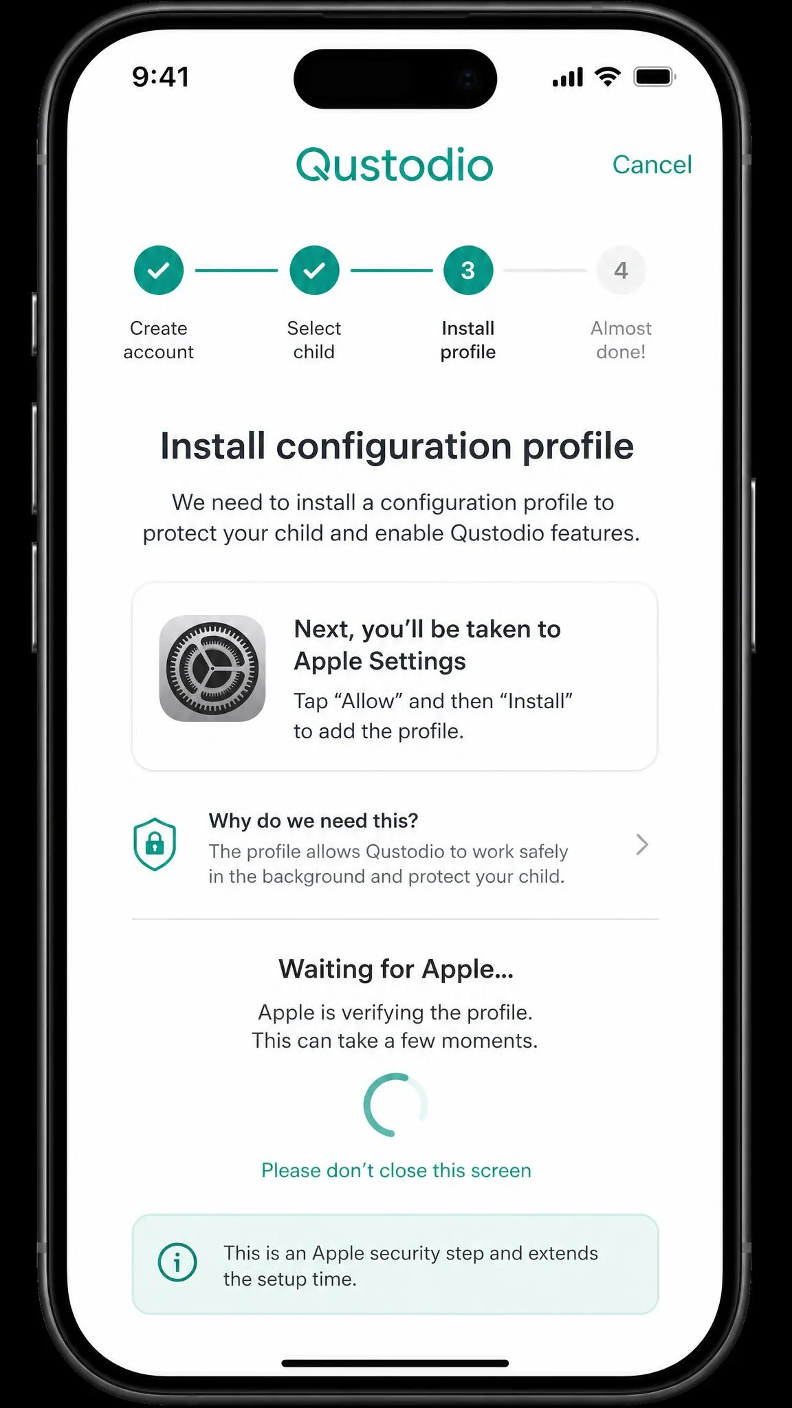 Qustodio iOS setup screen on an iPhone showing the configuration profile installation step, with a progress indicator during the Apple security delay that extends setup time.