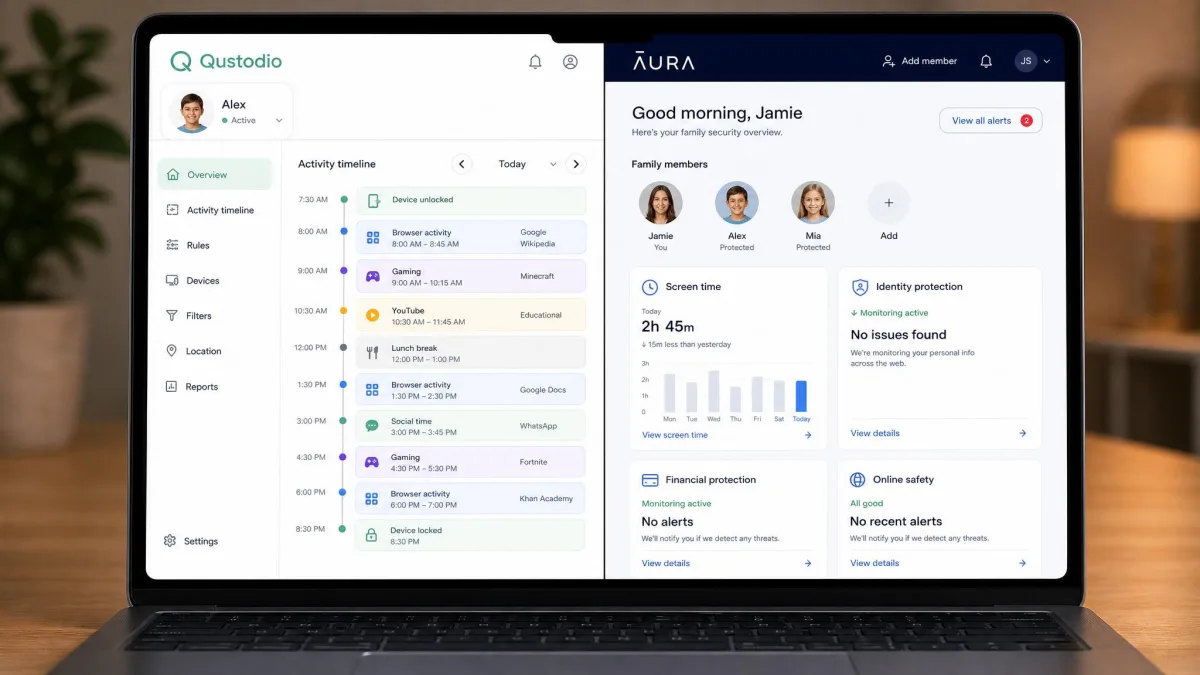 Qustodio and Aura parent dashboards shown side by side on a laptop, Qustodio showing a child's daily activity timeline and Aura showing a family security overview with screen time and identity protection tiles.