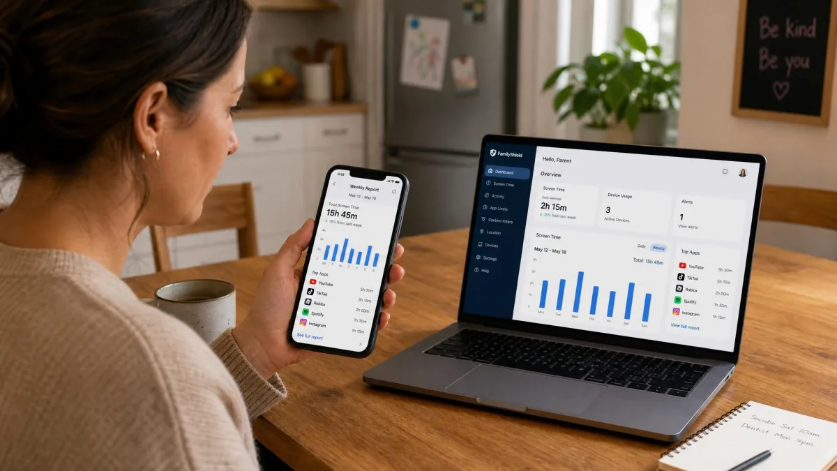A parent sitting at a kitchen table reviewing a child's weekly screen-time report on a smartphone, with a laptop showing the parental control dashboard beside them.
