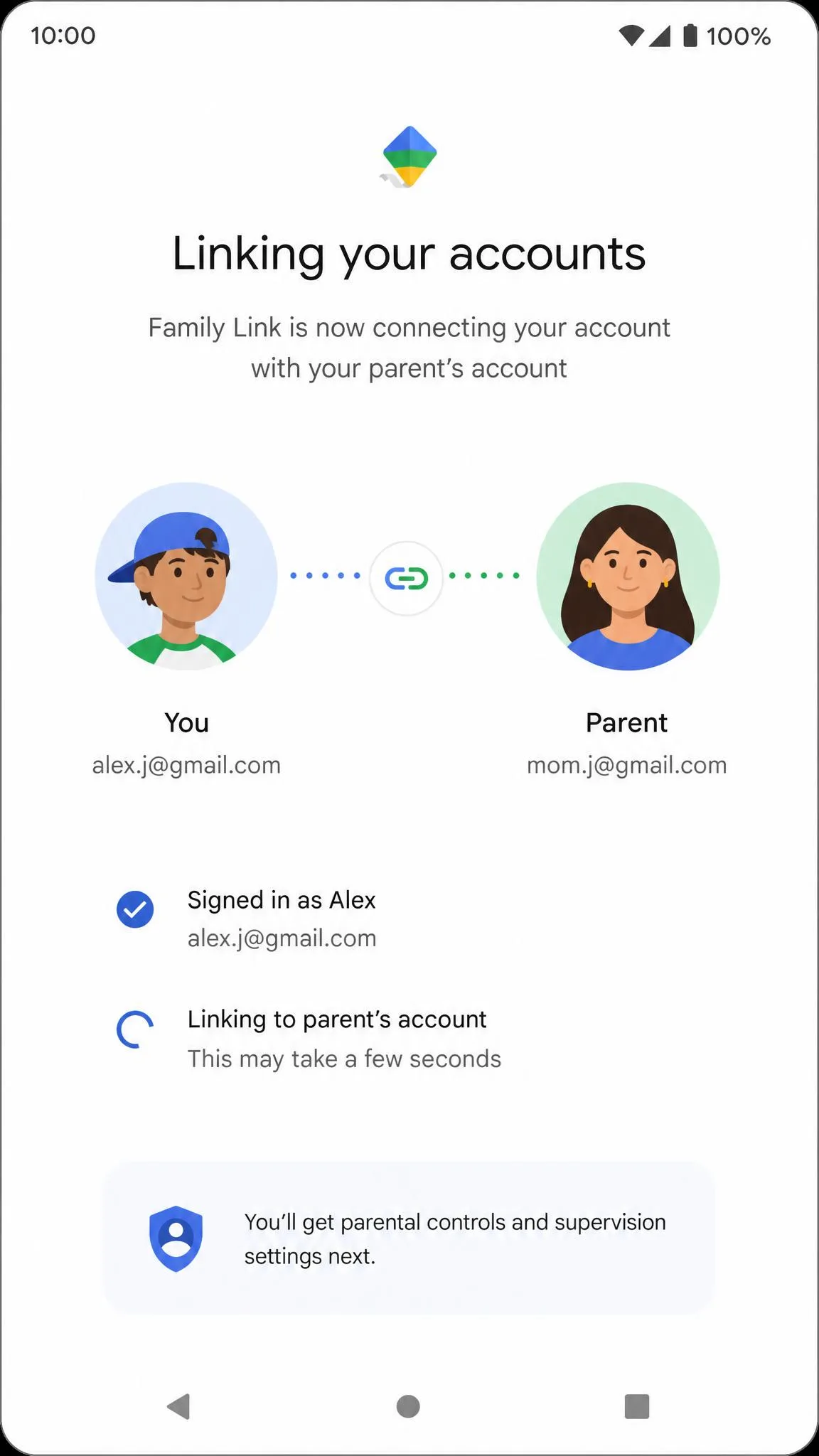 Google Family Link setup flow on a child's Android phone showing the step where the parent and child accounts are linked together.