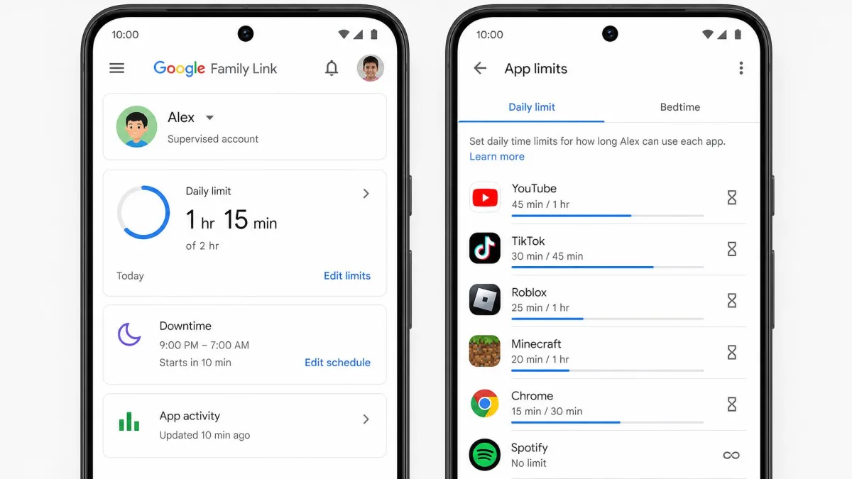 Google Family Link app on a parent's phone showing daily screen-time limits and per-app time controls for a supervised child account.