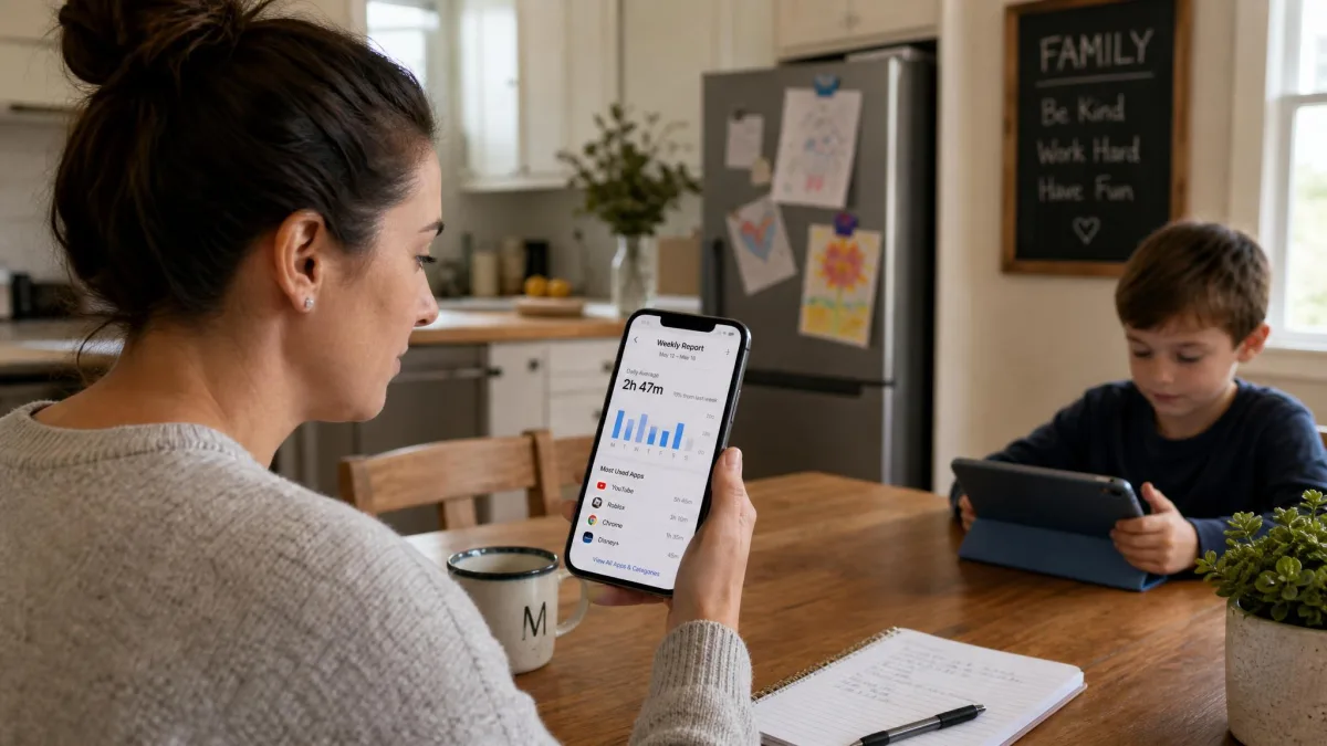 A parent reviewing a weekly screen-time report on a phone at the kitchen table while a child uses a tablet nearby.