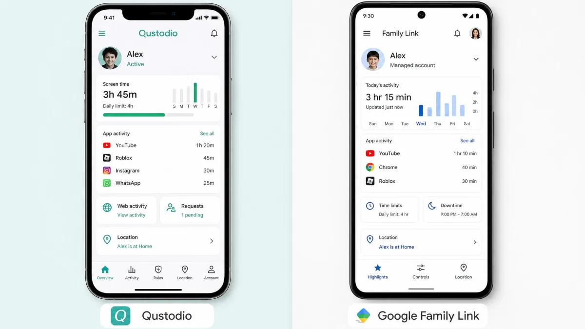 Split-screen showing the Qustodio app and the Google Family Link app open on two phones, comparing their home screens side by side.