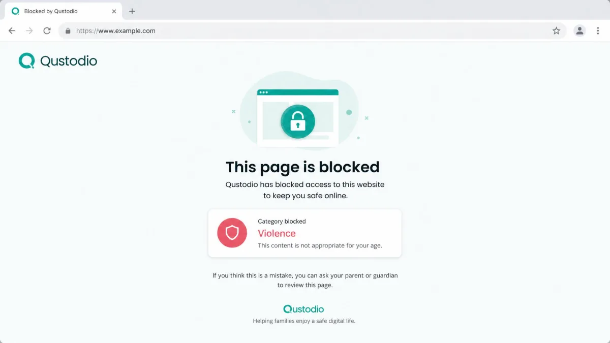 Qustodio blocked-page screen displayed in a browser after a child tries to open a restricted website, showing the category that triggered the block.