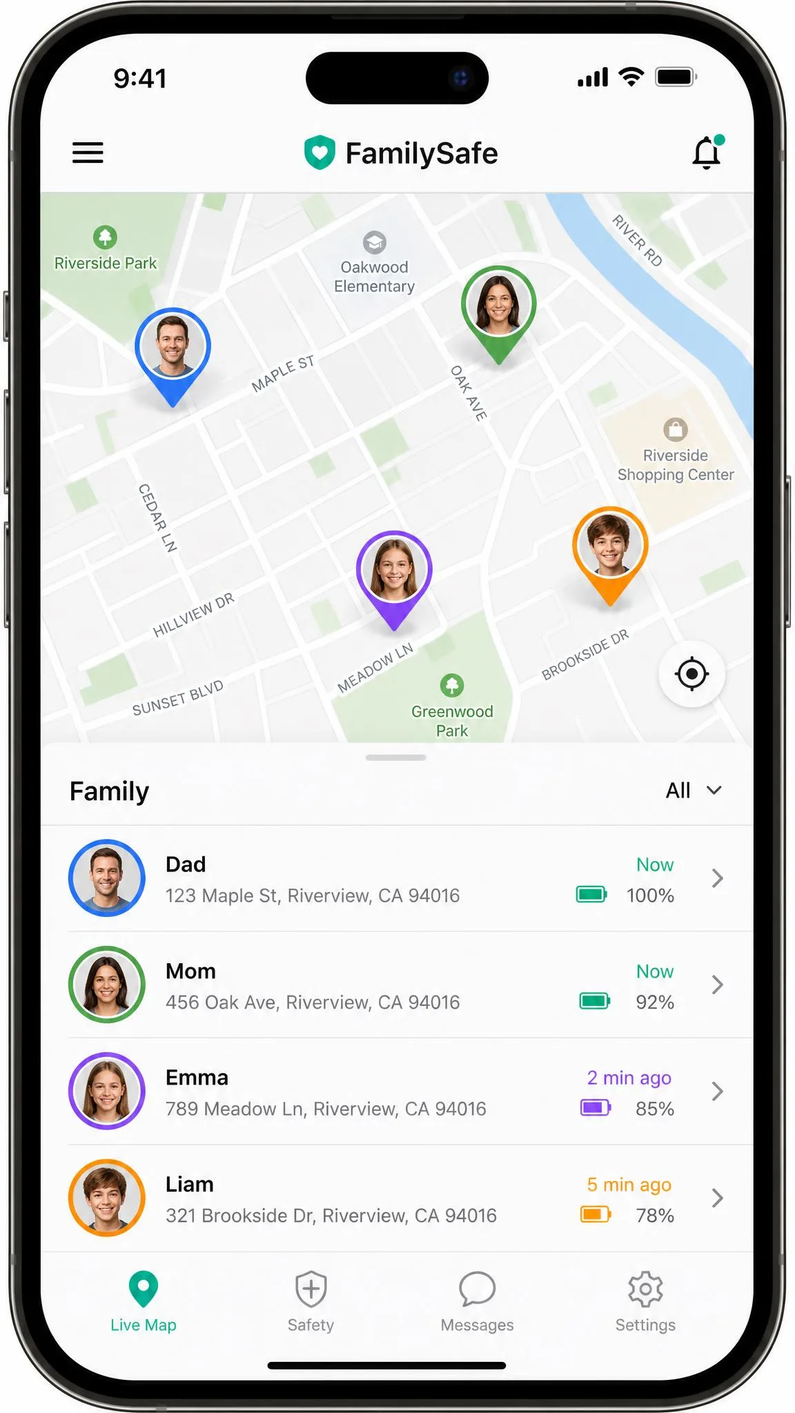 A family safety app live map view on a phone showing colored location pins for several family members across a neighborhood, with a list of names and addresses below the map.